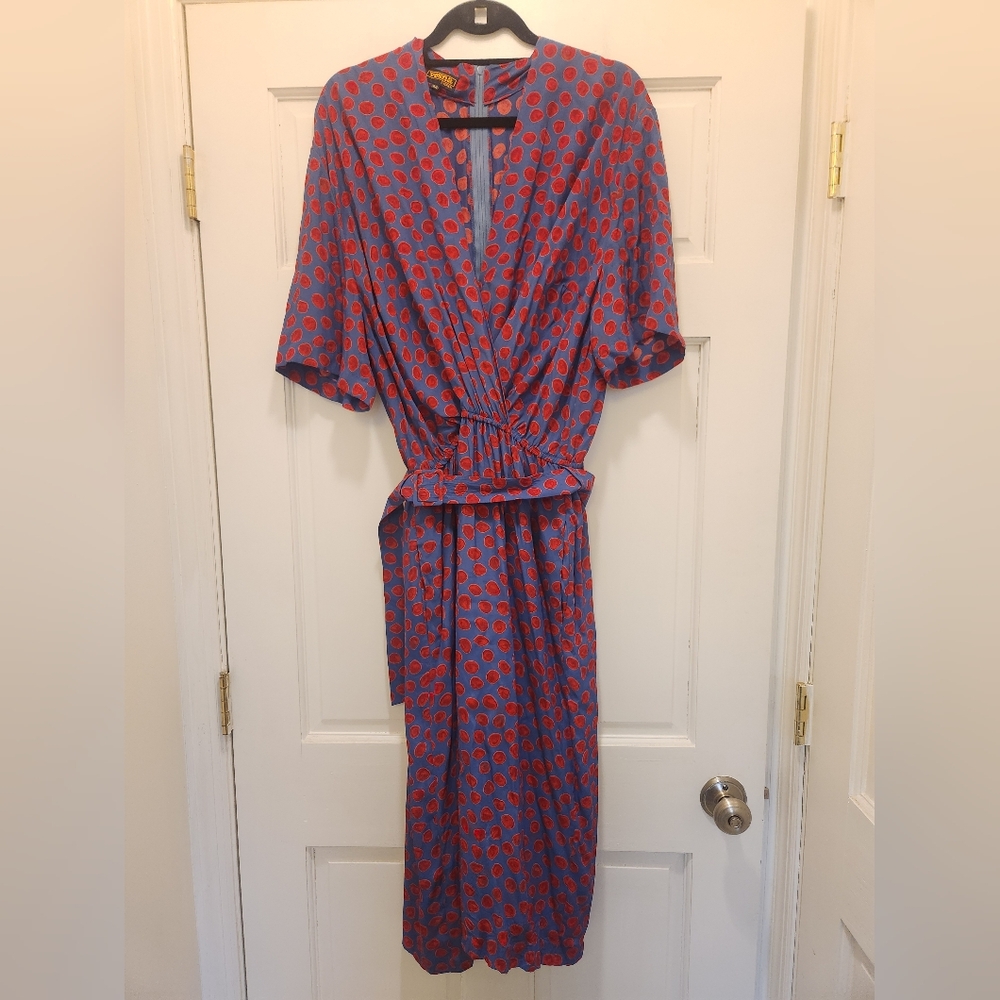 Vintage Vesna Parisian Style Blue Red Polka Dot Midi Dress Size XL